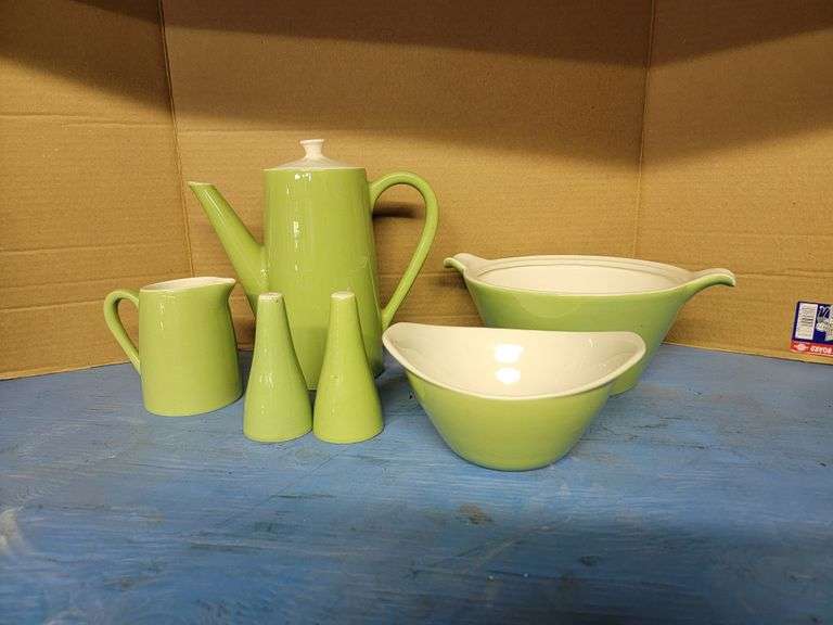 Assorted Pottery Pieces: Coffee Pot, Salt & Pepper, 2 Bowls & Creamer