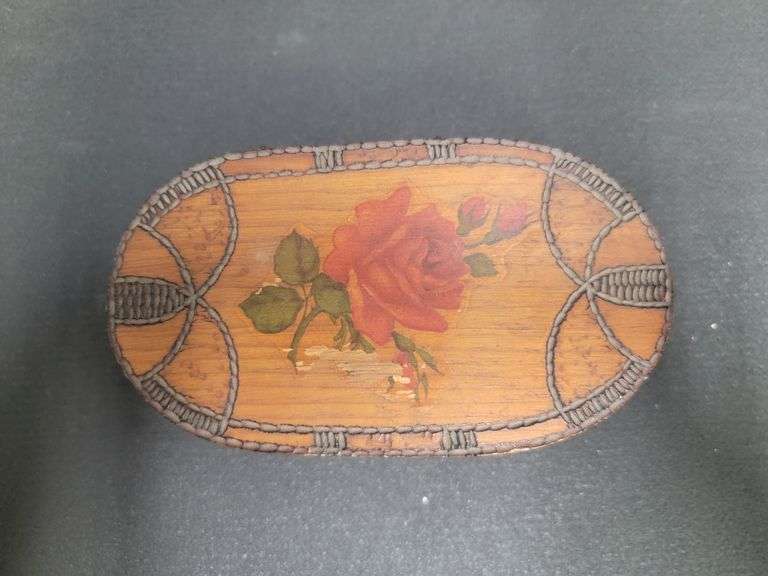 Wooden Trinket Box w/Assortment of Jewelry Pieces