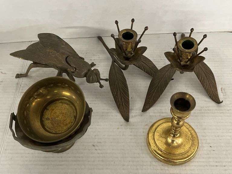 Brass Fly Ashtray, Brass Flower Candle Sticks, and More