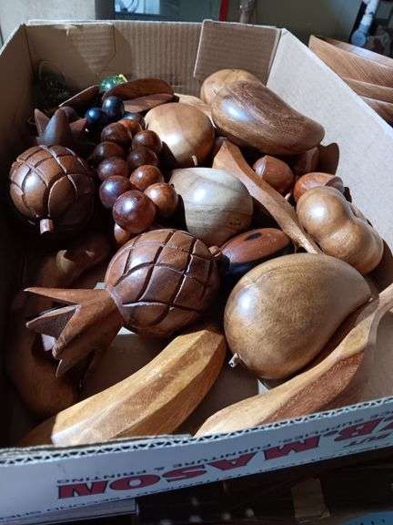 Collection of Wood Carved Bowls and Serving Pieces & Wood Fruit