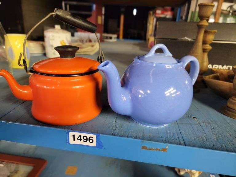 (2) Tea Pots-Blue Lipton Tea & Orange Porcelain