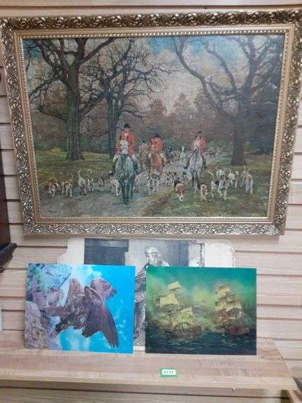 Framed Foxhunting Print, (2) Lenticular Prints & Antique Clock Print (As-Is)
