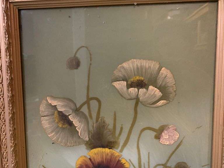 (2) Framed Vintage Floral Paintings on Glass