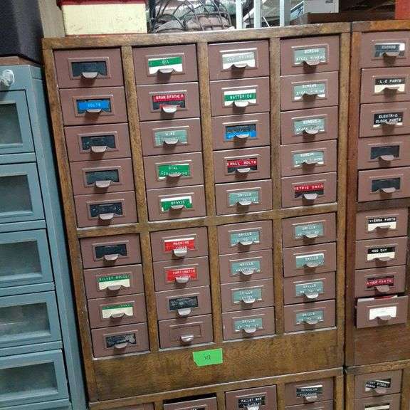 36 Drawer Card Catalog Cabinet w/ Assorted Contents