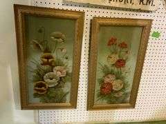 (2) Framed Vintage Floral Paintings on Glass