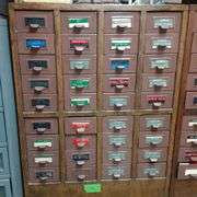 36 Drawer Card Catalog Cabinet w/ Assorted Contents