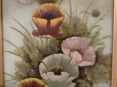 (2) Framed Vintage Floral Paintings on Glass