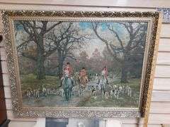 Framed Foxhunting Print, (2) Lenticular Prints & Antique Clock Print (As-Is)