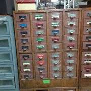 36 Drawer Card Catalog Cabinet w/ Assorted Contents