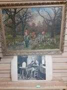 Framed Foxhunting Print, (2) Lenticular Prints & Antique Clock Print (As-Is)
