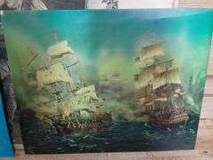 Framed Foxhunting Print, (2) Lenticular Prints & Antique Clock Print (As-Is)