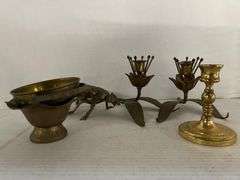 Brass Fly Ashtray, Brass Flower Candle Sticks, and More