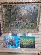 Framed Foxhunting Print, (2) Lenticular Prints & Antique Clock Print (As-Is)