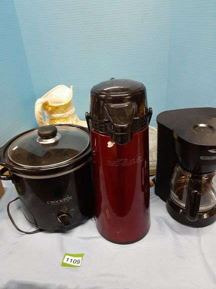 Pitcher and Bowl, Black and Decker Coffee Maker, Coffee Carafe, Crock Pot, and Assorted Serving Dish