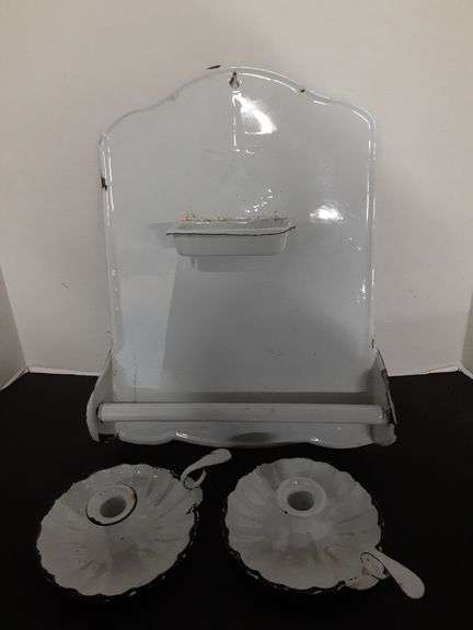 Enamel Towel/Soap Holder & Candle Sticks