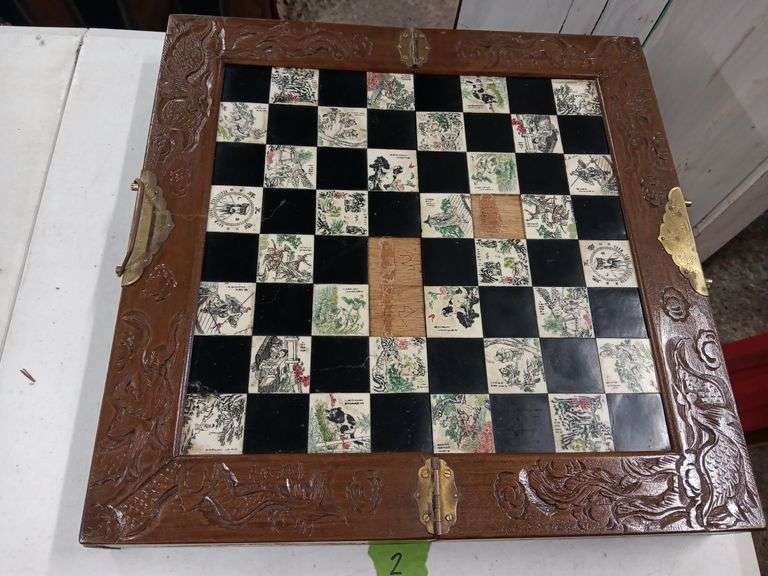 Asian Theme Chess Board with Carved Chess Pieces