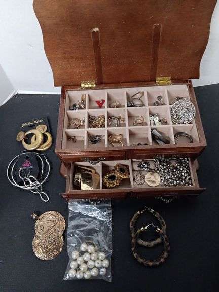 Assortment of Costume Earrings and Jewelry Box