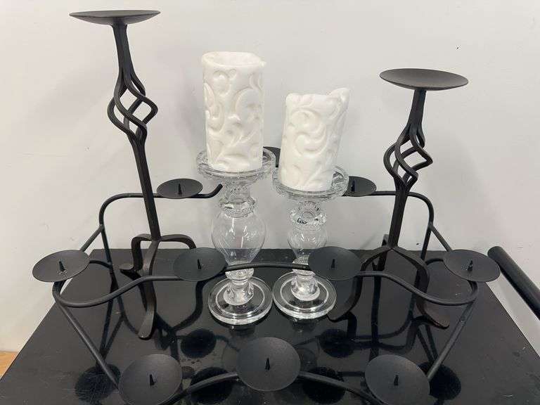 Wrought Iron Candelabra, (2) Pairs of Candlestick Holders (Glass & Wrought Iron)