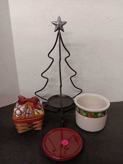 Longaberger Salt Cellar and Lid, Longaberger Little Gift and Top, and Wrought Iron Christmas Tree Ca