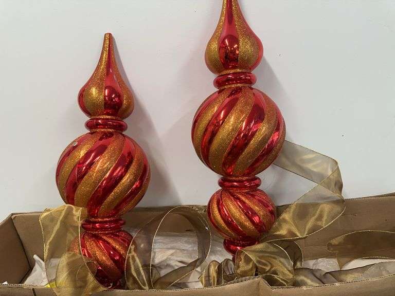 Pair of Christmas Themed Red Glitter Finials