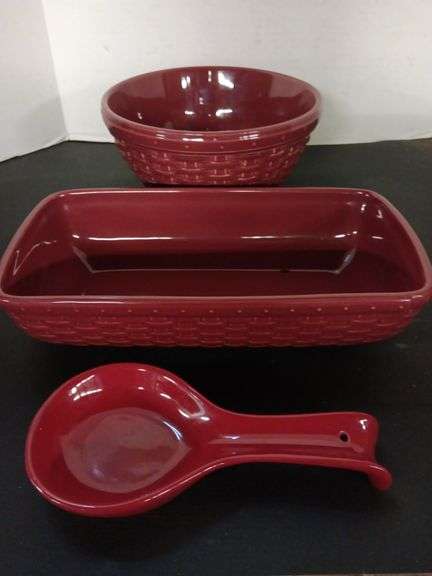 Longaberger Basket Weave Oblong Bowl, Round Bowl, and Spoon Rest