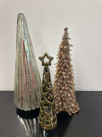 (2) Ceramic Christmas Trees and Feather Tree