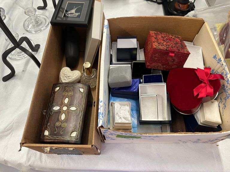 Framed Sterling Silver Tall Ship, Assortment of Jewerly, Jewelry Boxes, Trinket Boxes, Etc.