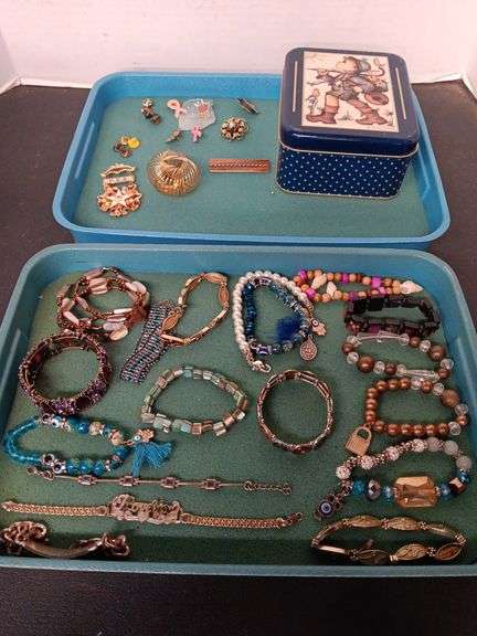 Assortment of Costume Jewelry and Hummel Tin