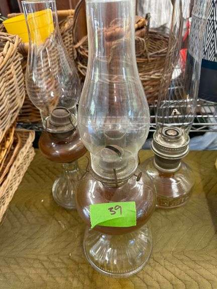 (3) Glass Oil Lamps w/ Chimneys
