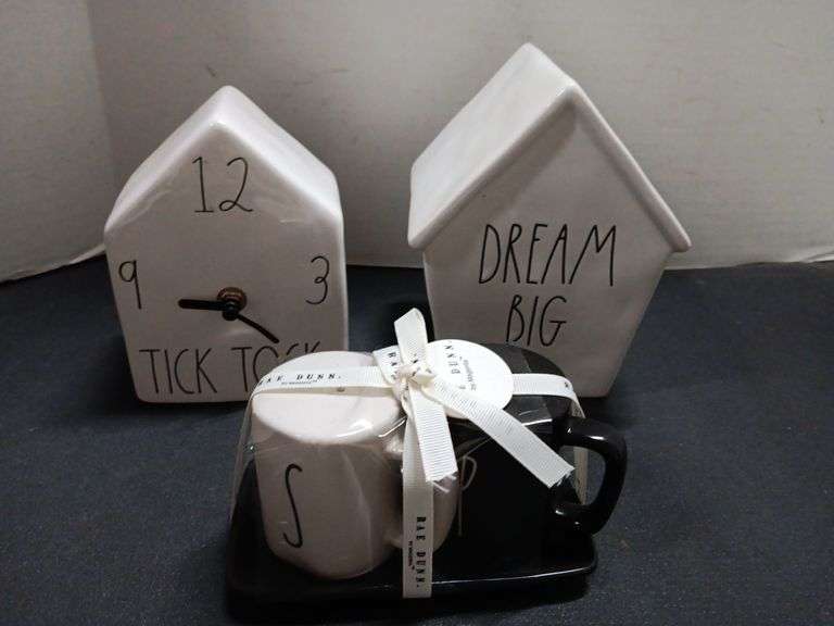 Rae Dunn Clock, Bank, and Salt & Pepper Shakers