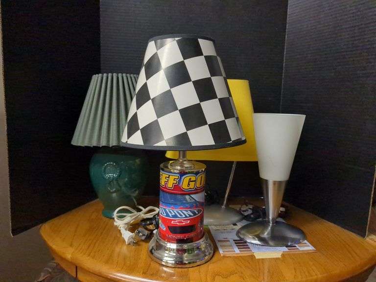 (4) Small Lamps: Green, 24 Dupont, Yellow Shade & Modern White