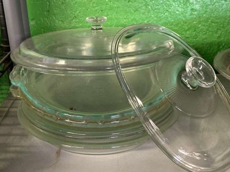 Assorted Pyrex Lids, Pie Plates, and Unmarked Baking Items