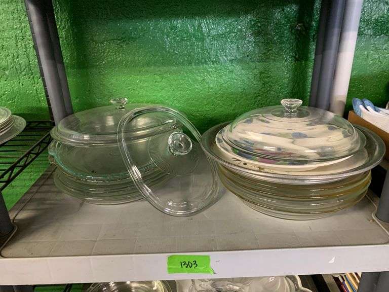 Assorted Pyrex Lids, Pie Plates, and Unmarked Baking Items