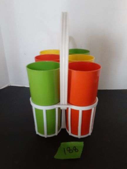 Vintage Tupperware Style Plastic Cups w/Holder