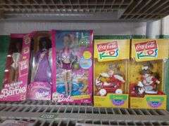Graduation Barbie, Fashion Play Barbie, Paddling Taffy & Pups Barbie, Lauren, and Carmen Coke Kids