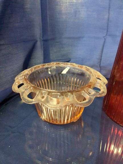 (4) Uranium Glass Teacups, (1) Uranium Glass Saucer, Pink Depression Glass "Old Colony" Vase, and Cr