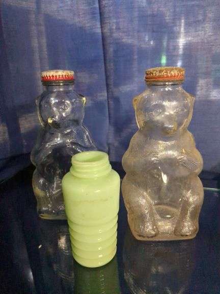 (2) Snow Crest Bear Bank Bottles, Blue Climax Canning Jar & Onawa Lodge Ashtray