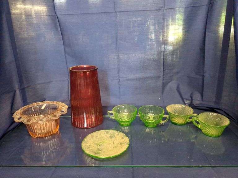 (4) Uranium Glass Teacups, (1) Uranium Glass Saucer, Pink Depression Glass "Old Colony" Vase, and Cr