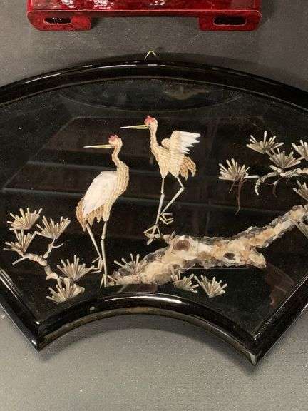 Framed Shell Herons, and (2) Asian Cork Bark Shavings