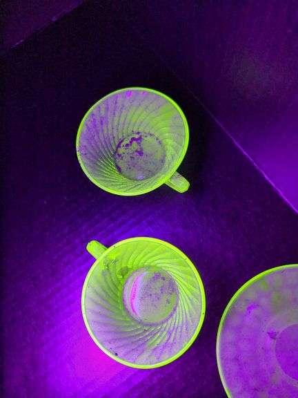 (4) Uranium Glass Teacups, (1) Uranium Glass Saucer, Pink Depression Glass "Old Colony" Vase, and Cr