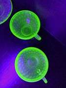 (4) Uranium Glass Teacups, (1) Uranium Glass Saucer, Pink Depression Glass "Old Colony" Vase, and Cr