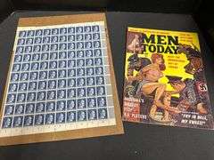Vintage Men Today Magazine & Sheet of Deutsches Reich Stamps of Adolph Hitler