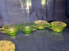 (4) Uranium Glass Teacups, (1) Uranium Glass Saucer, Pink Depression Glass "Old Colony" Vase, and Cr