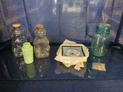 (2) Snow Crest Bear Bank Bottles, Blue Climax Canning Jar & Onawa Lodge Ashtray