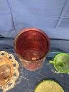 (4) Uranium Glass Teacups, (1) Uranium Glass Saucer, Pink Depression Glass "Old Colony" Vase, and Cr