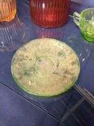 (4) Uranium Glass Teacups, (1) Uranium Glass Saucer, Pink Depression Glass "Old Colony" Vase, and Cr