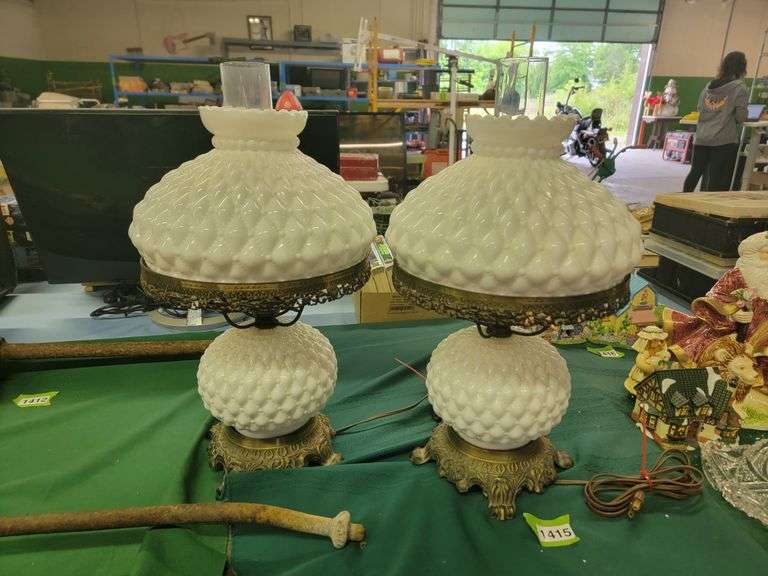 Pair of Milk Glass Parlor Lamps (One Damaged Shade)