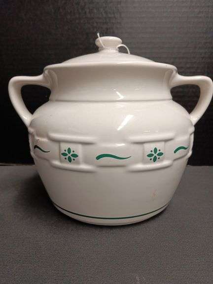Longaberger Woven Traditions Pottery Heritage Green Cookie Jar/Bean Pot