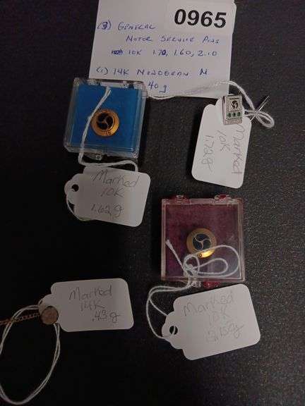 (3) Marked 10KT General Motor Pins (Total 5.4gr.) & (1) Marked 14KT Monogram M Pin (.40gr)