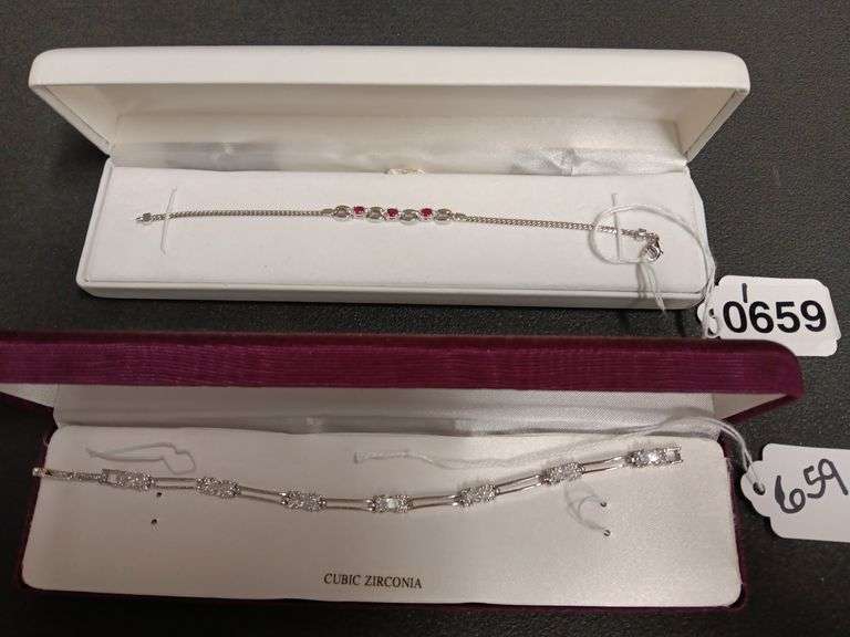 (2) Marked .925 Bracelets: Ruby Colored Stones Sz. 7"  4.67gr & Cubic 7"  8.56gr